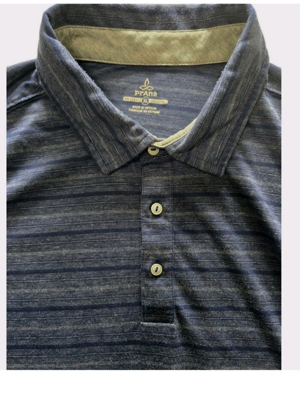 Prana SS Men’s Navy Heathered Striped Polo Shirt Size XL EUC